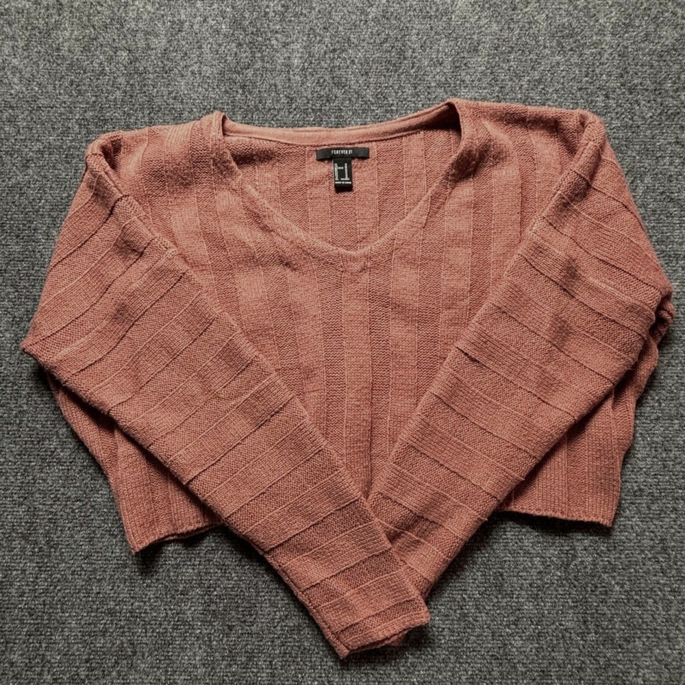 Forever 21 Womens Cropped V-Neck Ribbed Sweater Rust Terracotta Size Medium